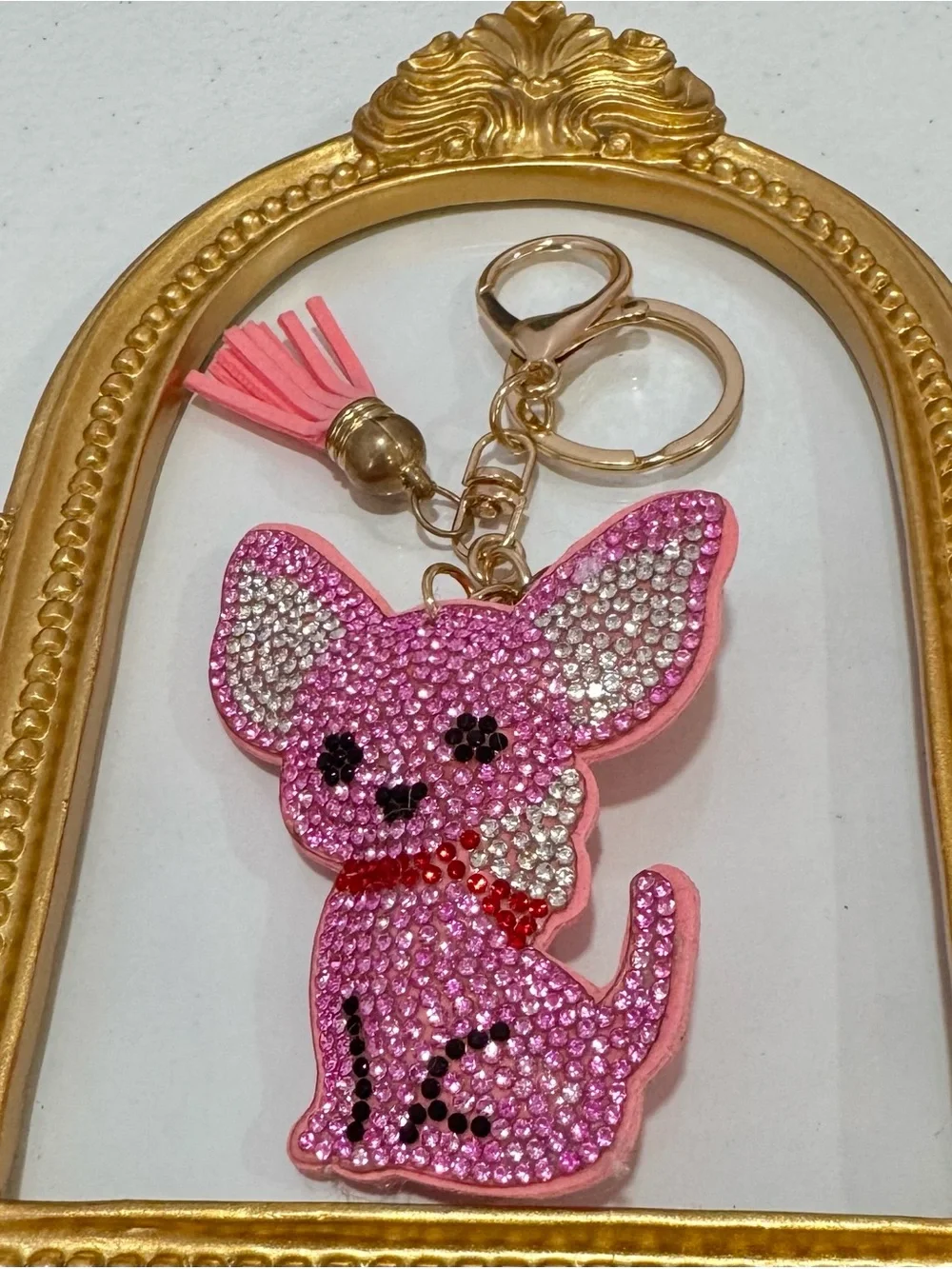 New Pink Crystal Chihuahua Keychain Charm with Tassel